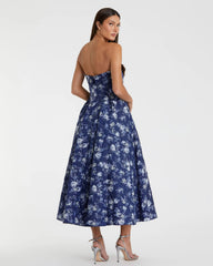 Blue Strapless Brocade Midi Dress