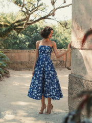 Blue Strapless Brocade Midi Dress