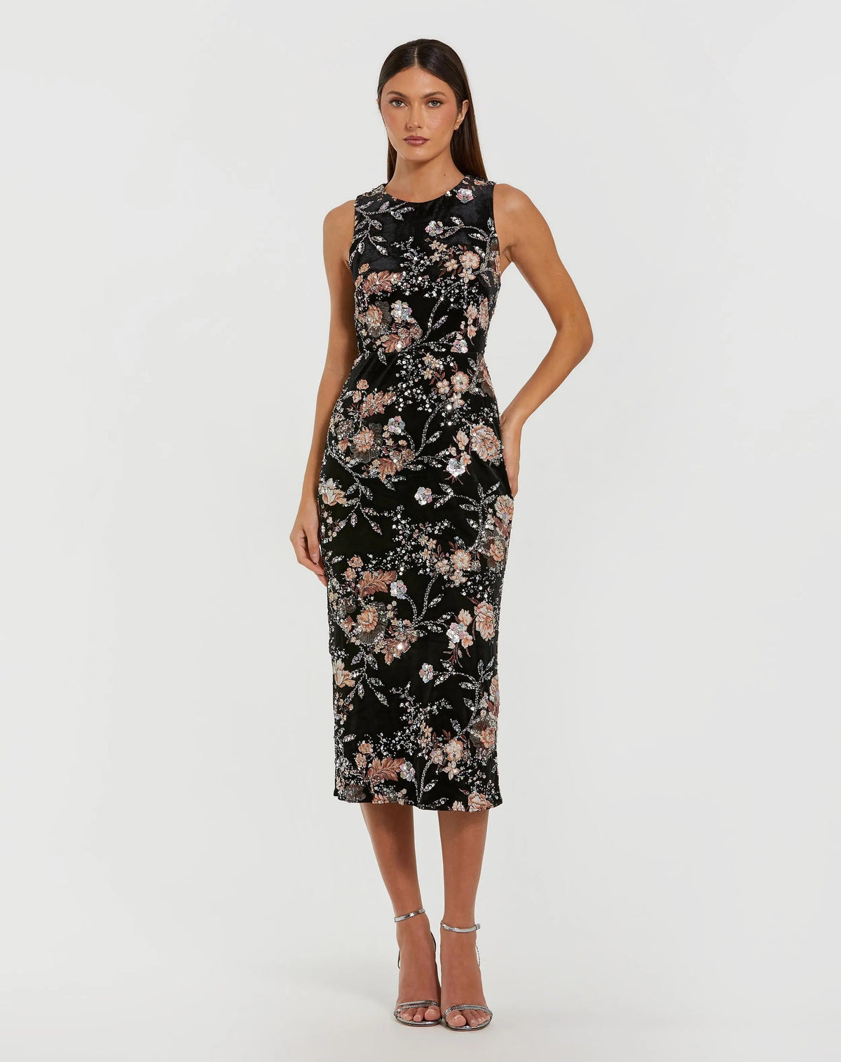 Black Velvet High Neck Sequined Midi Dress with Multicolor Embroidery