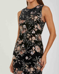 Black Velvet High Neck Sequined Midi Dress with Multicolor Embroidery