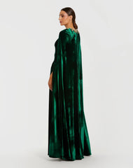 Dark Green Velvet Cape Gown With Embellished Neckline