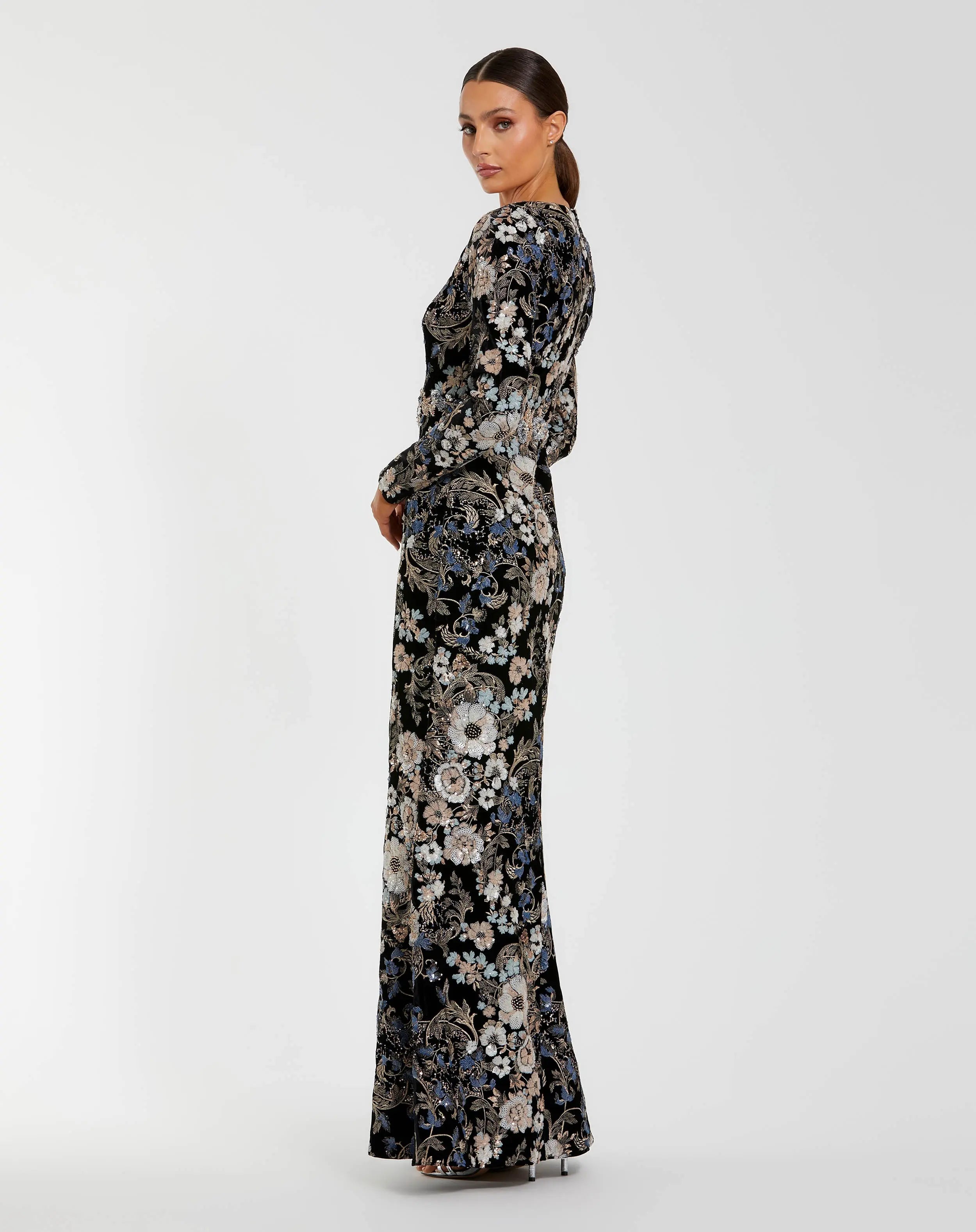 Black Floral Embroidered Velvet Evening Gown