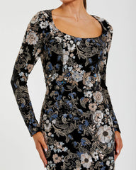 Black Floral Embroidered Velvet Evening Gown