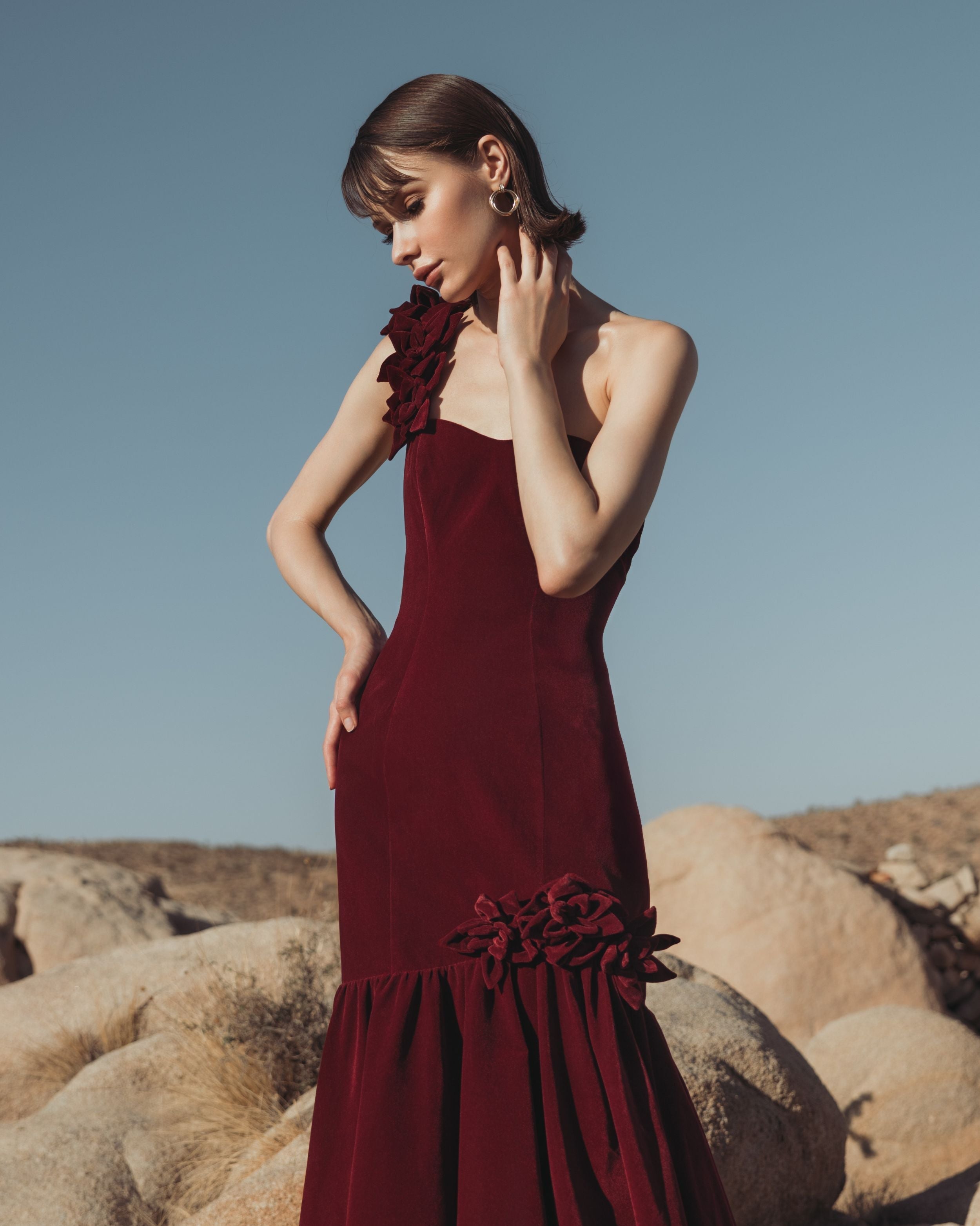 Dark Red Velvet One Shoulder Trumpet Gown With Flowers