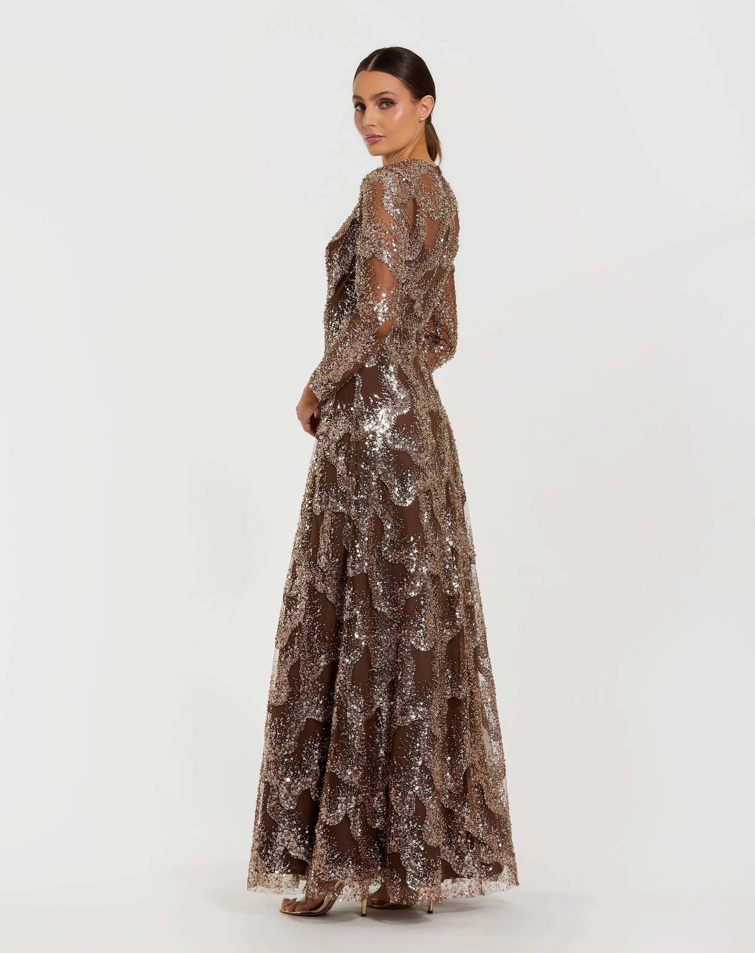 Brown Embellished Long Sleeve High Neck Evening Gown
