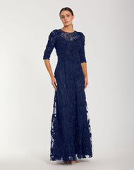 High Neck Embellished Lace Gown with 3/4 Sleeves