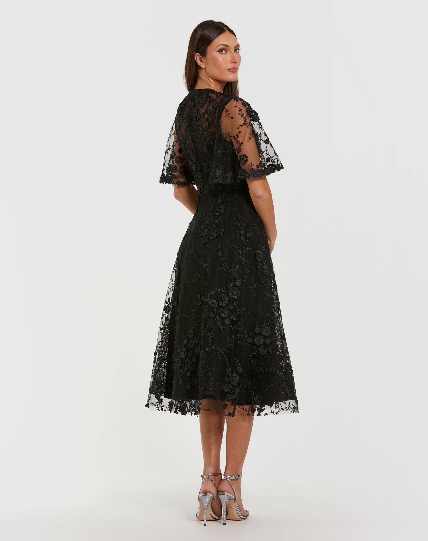 Black Flutter Sleeve Embroidered Midi Dress