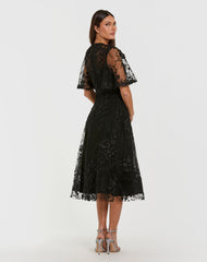 Black Flutter Sleeve Embroidered Midi Dress