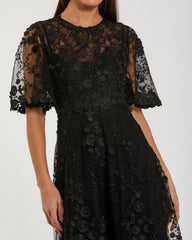 Black Flutter Sleeve Embroidered Midi Dress