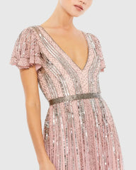 Pink Stripe Sequin V-Neck Gown