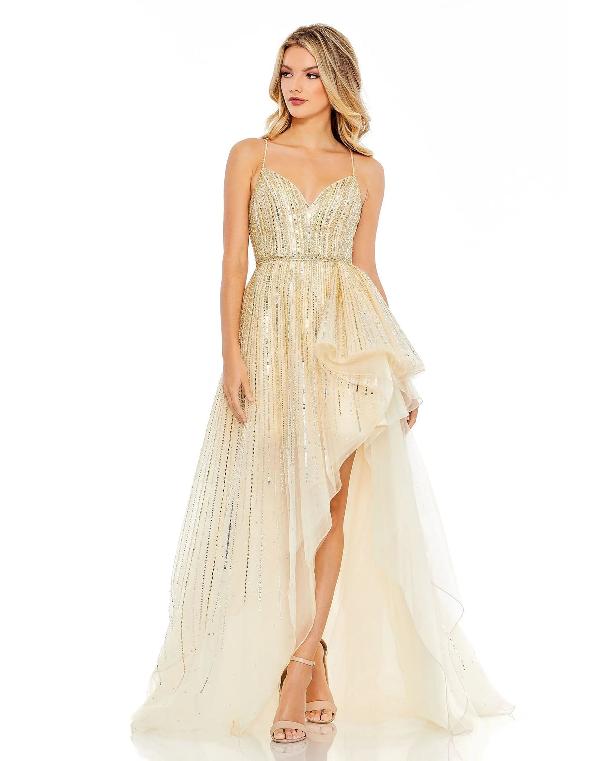 Gold Embellished Sleeveless Draped A Line Gown