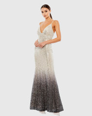 Gray Plunge Neck Ombre Sequin Gown