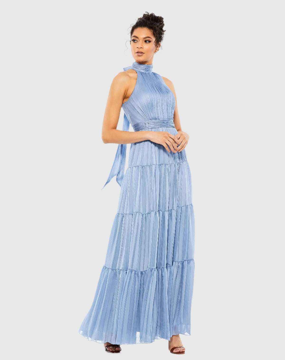 Blue Tie Neck Tiered Halter Gown