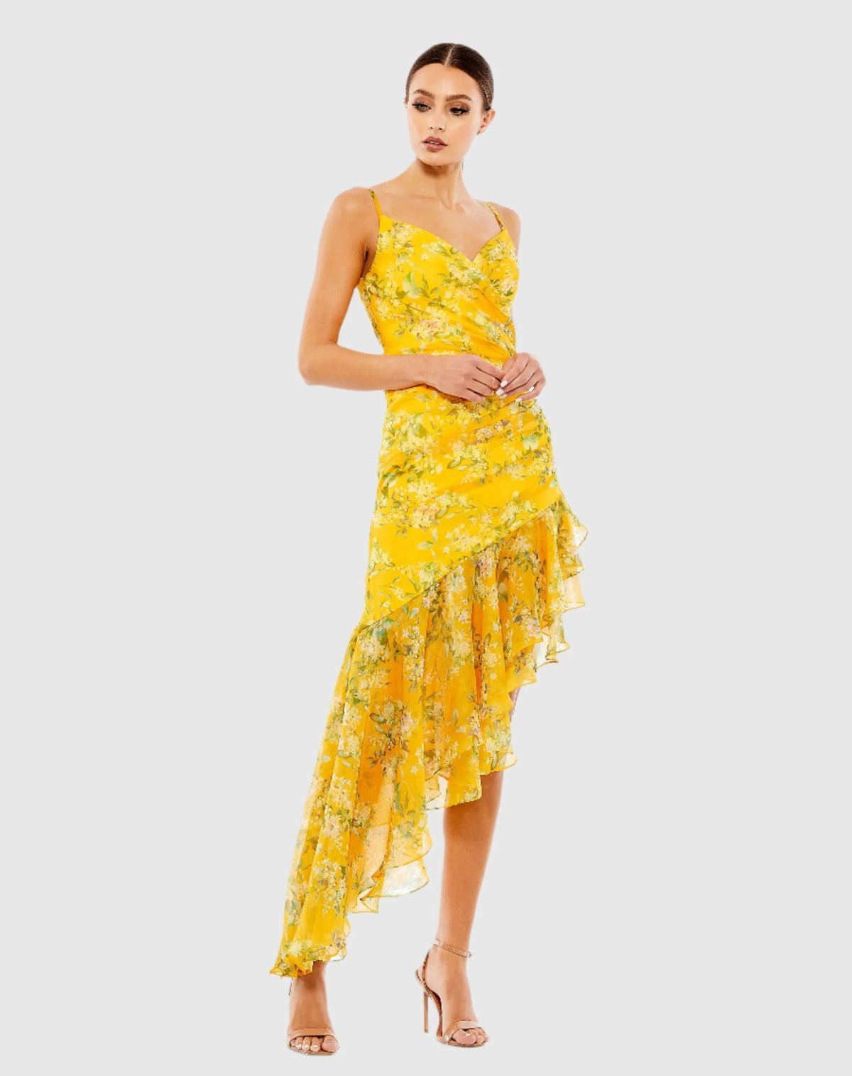 Yellow Floral Ruffle Asymmetrical Hi Low Hem Dress