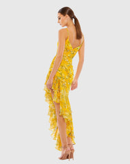 Yellow Floral Ruffle Asymmetrical Hi Low Hem Dress