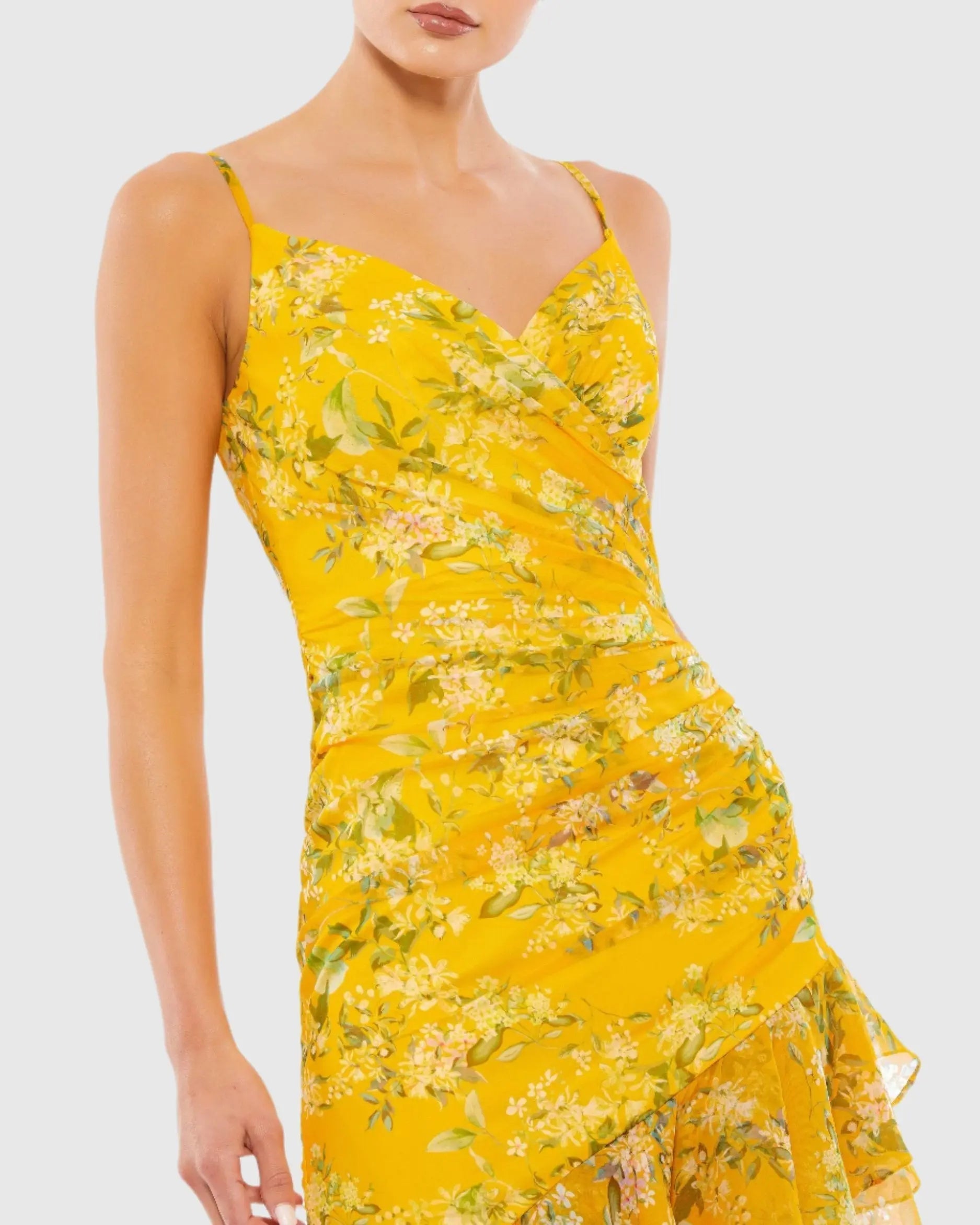 Yellow Floral Ruffle Asymmetrical Hi Low Hem Dress