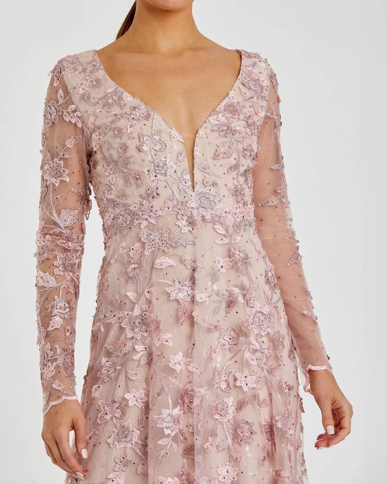 Pink Floral Applique Long Sleeve Illusion Gown