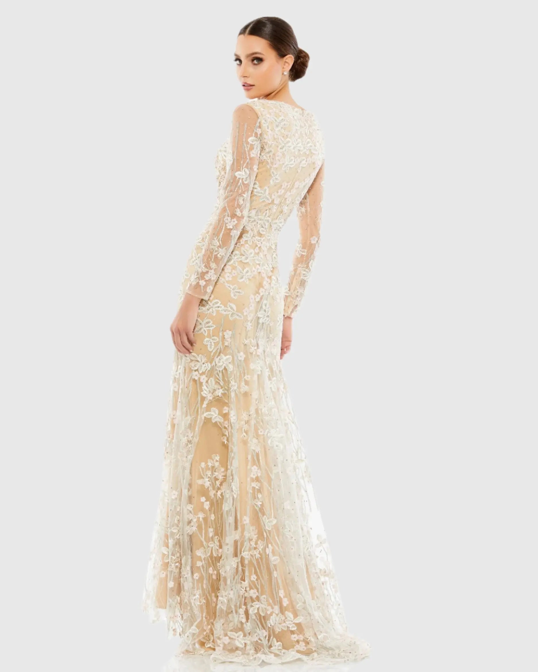 Beige Embroidered V Neck Long Sleeve Trumpet Gown