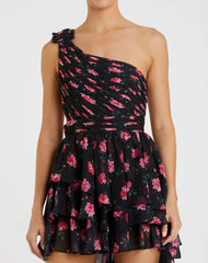 Black One Shoulder Ruffled Rose Print Layered High-Low Dress - FINAL SALE