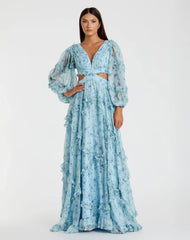 Blue Ruffle Tiered Floral Cutout Long Sleeve Gown