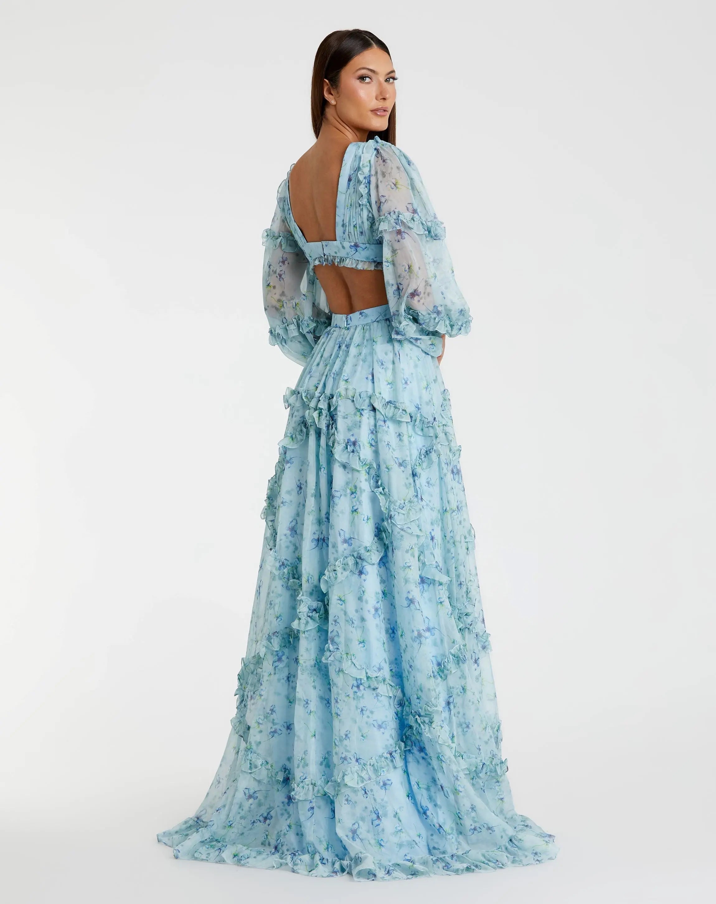 Blue Ruffle Tiered Floral Cutout Long Sleeve Gown