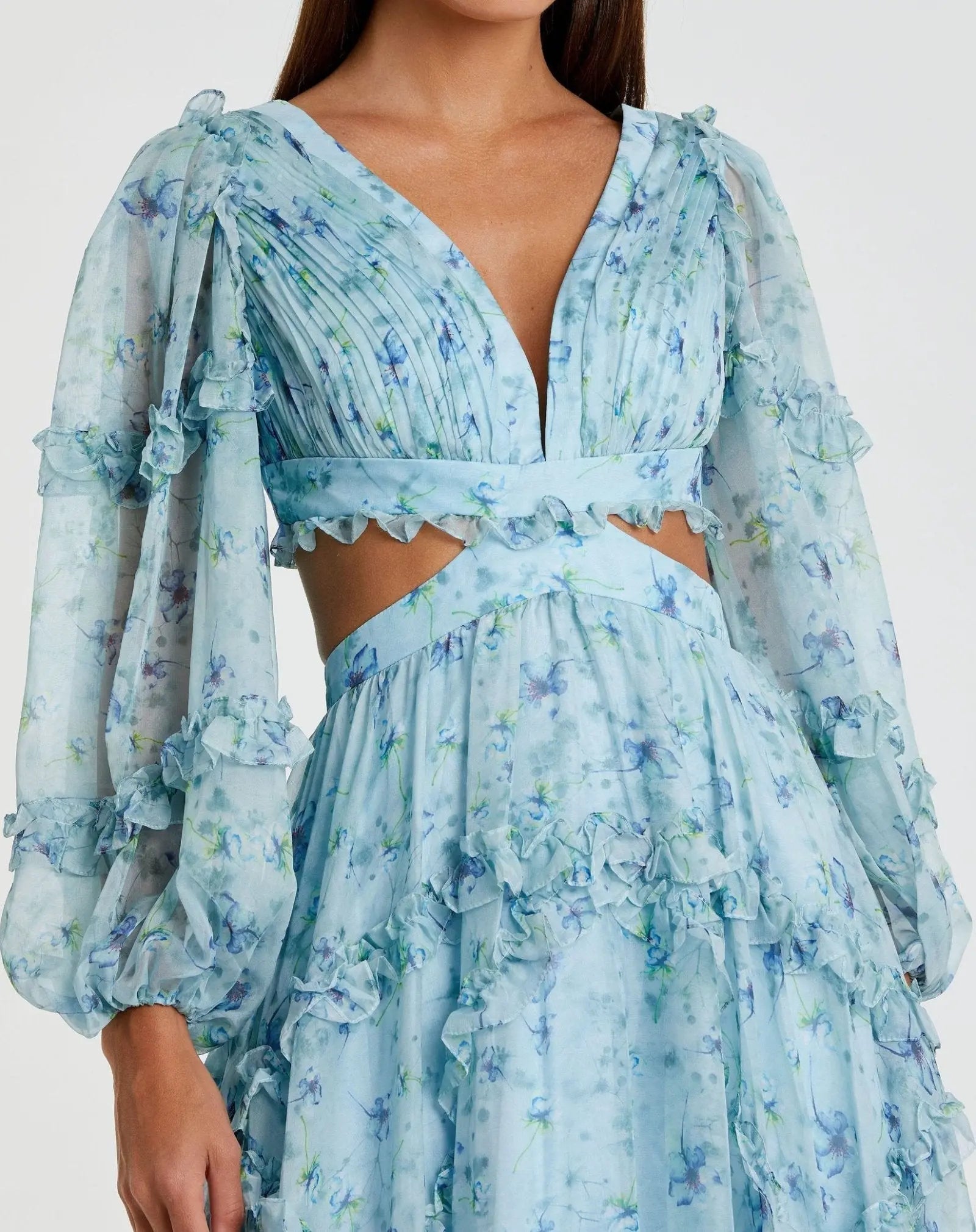 Blue Ruffle Tiered Floral Cutout Long Sleeve Gown