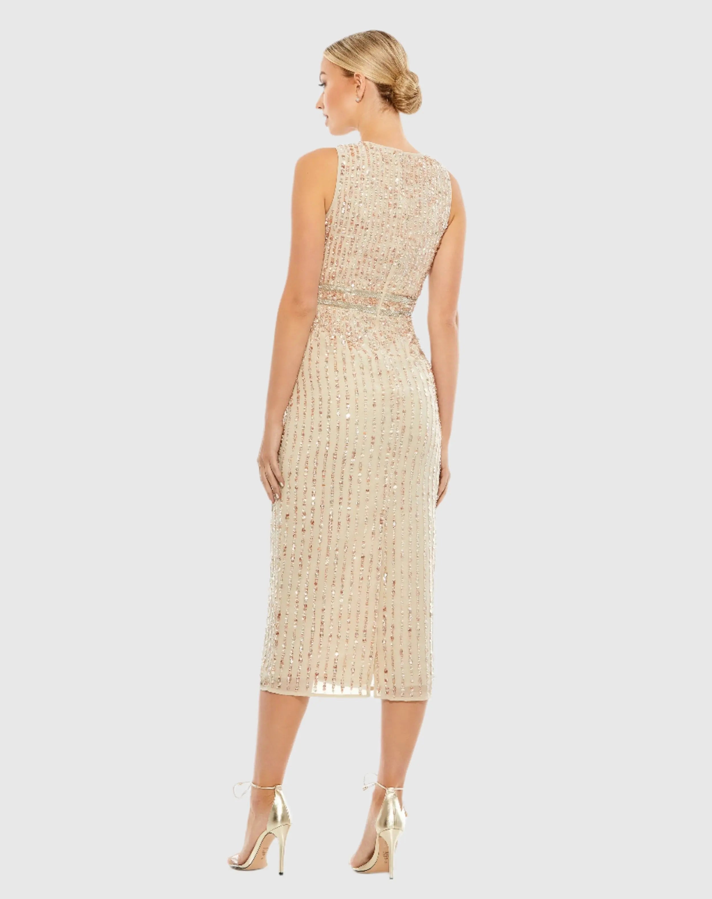 Beige Sequined Sleeveless V-Neck Midi Sheath Dress
