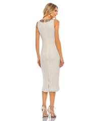 White Jeweled High Neck Sequin Sheath Dress