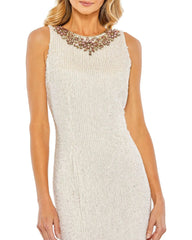White Jeweled High Neck Sequin Sheath Dress