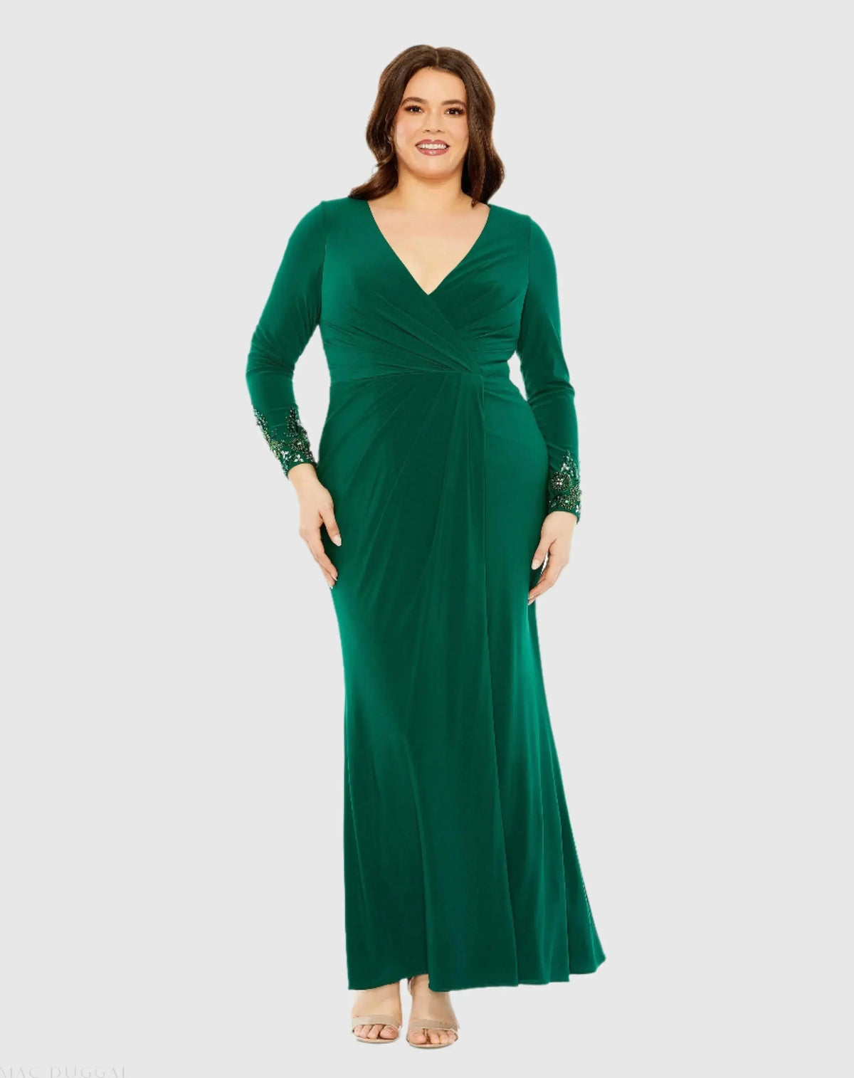 Green Long Crystal Detail Sleeve V Neck Gown