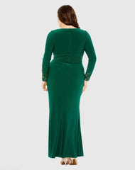 Green Long Crystal Detail Sleeve V Neck Gown