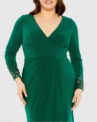 Green Long Crystal Detail Sleeve V Neck Gown
