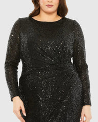 Black Long Sleeve Sequin Gathered Waist Dress