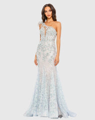 Blue Embroidered Applique Feathered One Shoulder Trumpet Gown