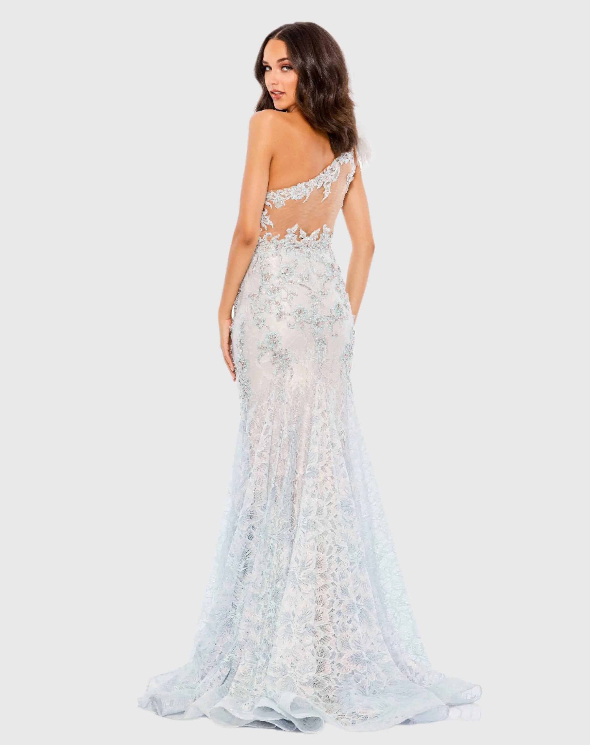 Blue Embroidered Applique Feathered One Shoulder Trumpet Gown