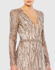 Beige Embellished Long Sleeve Plunge Neck Trumpet Gown