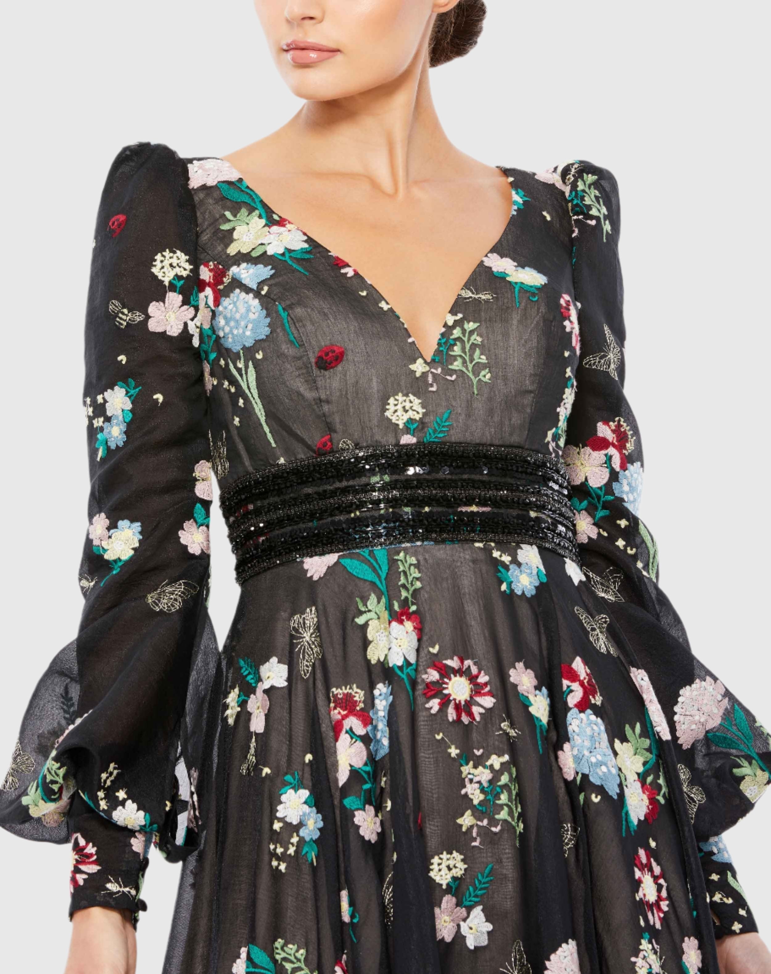 Black Embroidered Bishop Sleeve V Neck Flowy Gown