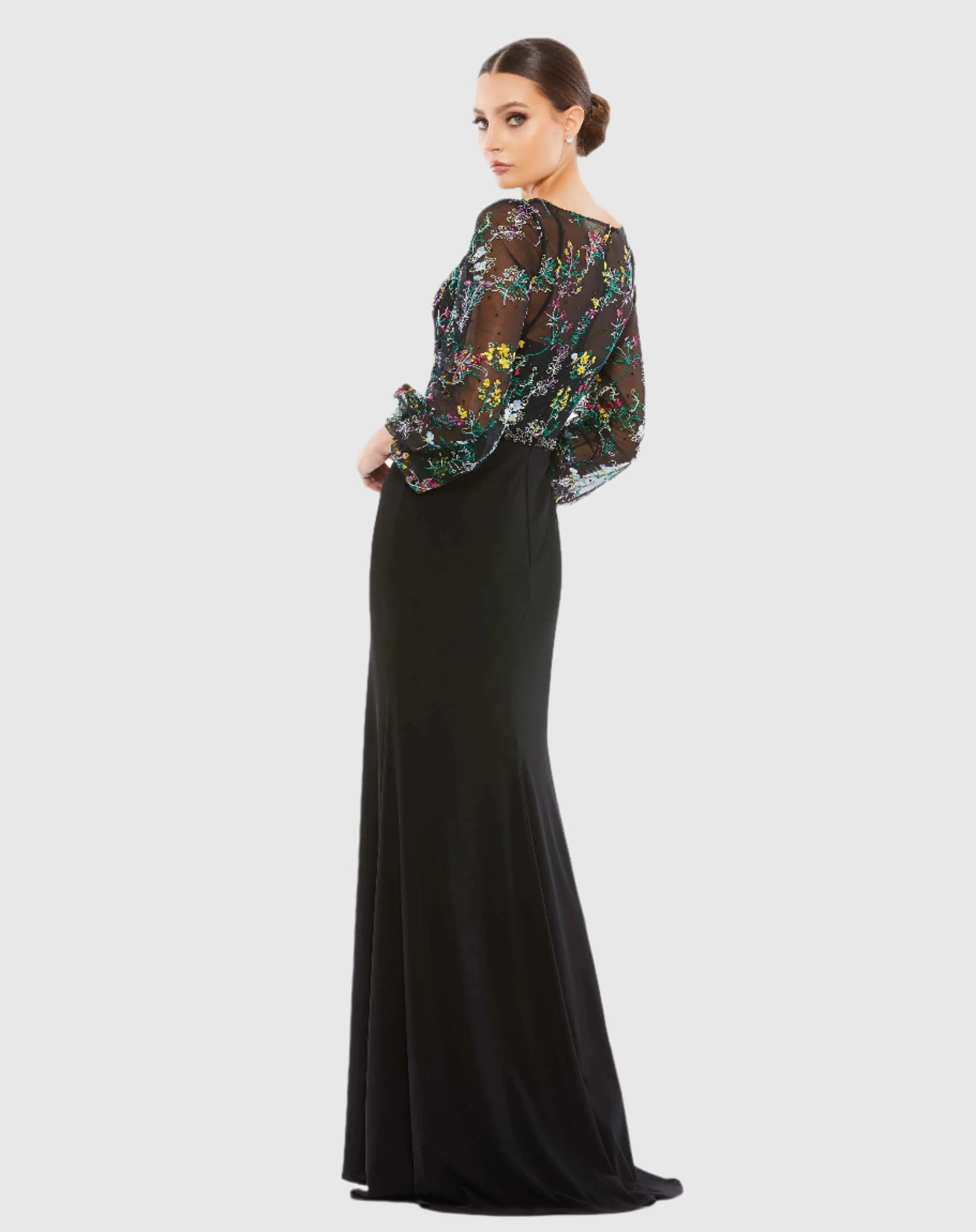 Black Embroidered Illusion Puff Sleeve Gown