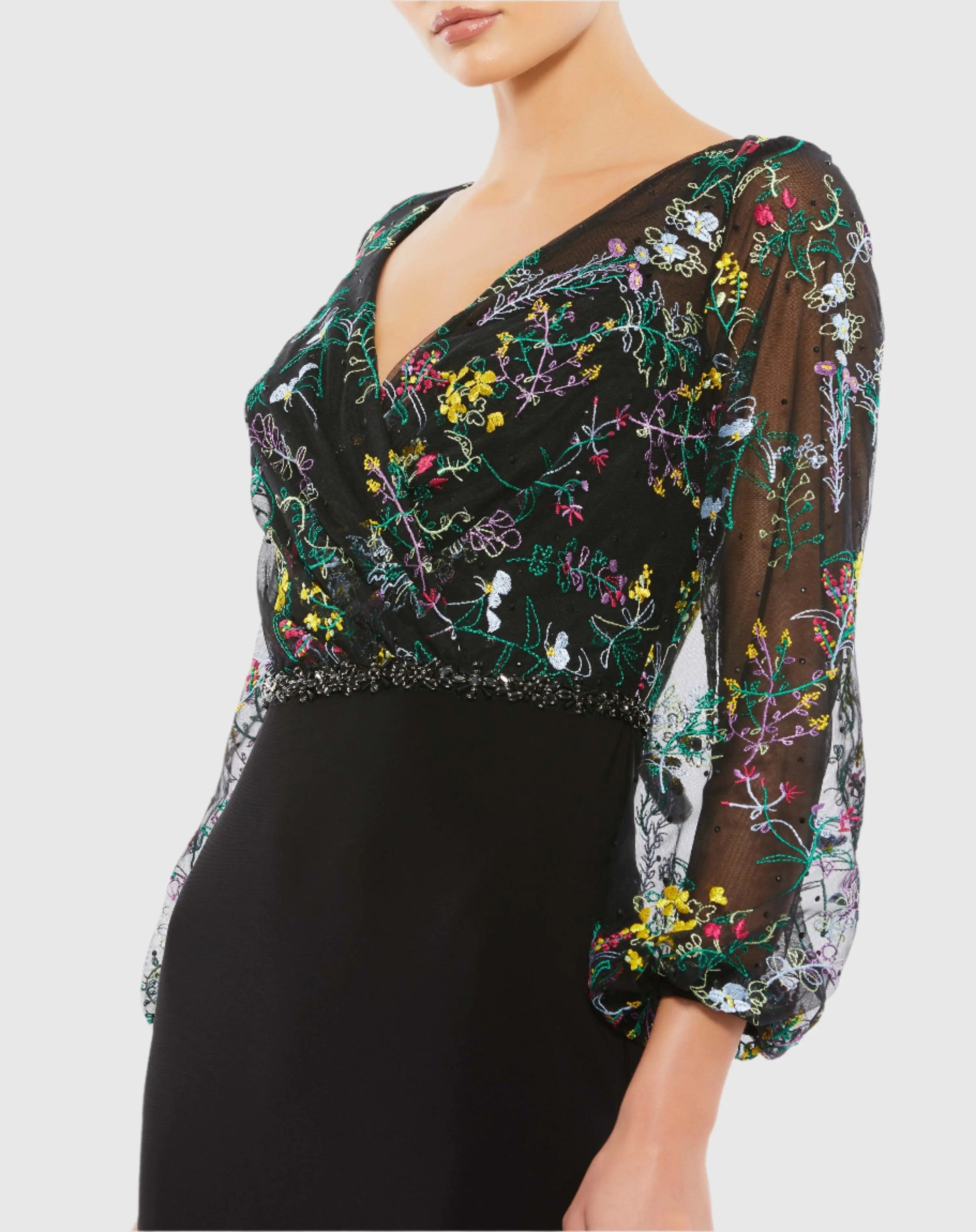 Black Embroidered Illusion Puff Sleeve Gown