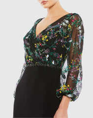 Black Embroidered Illusion Puff Sleeve Gown