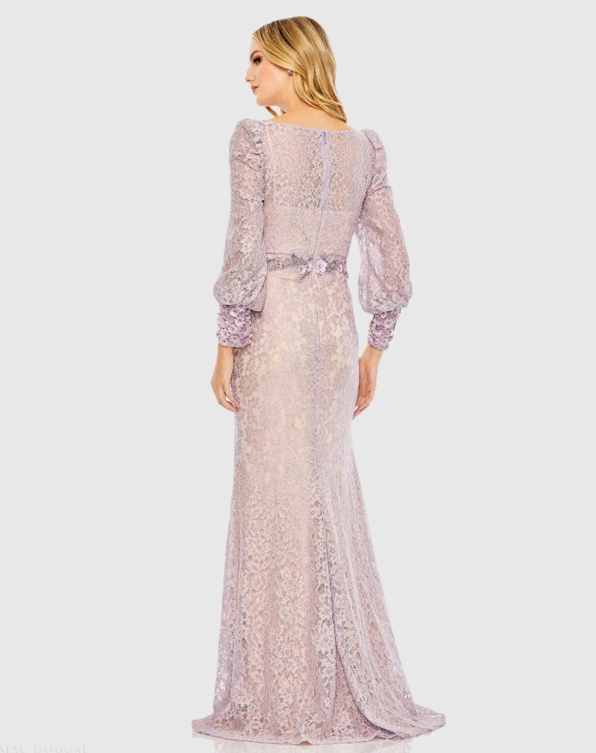 Purple Lace Long Sleeve V Neck Embellished Gown - Final Sale