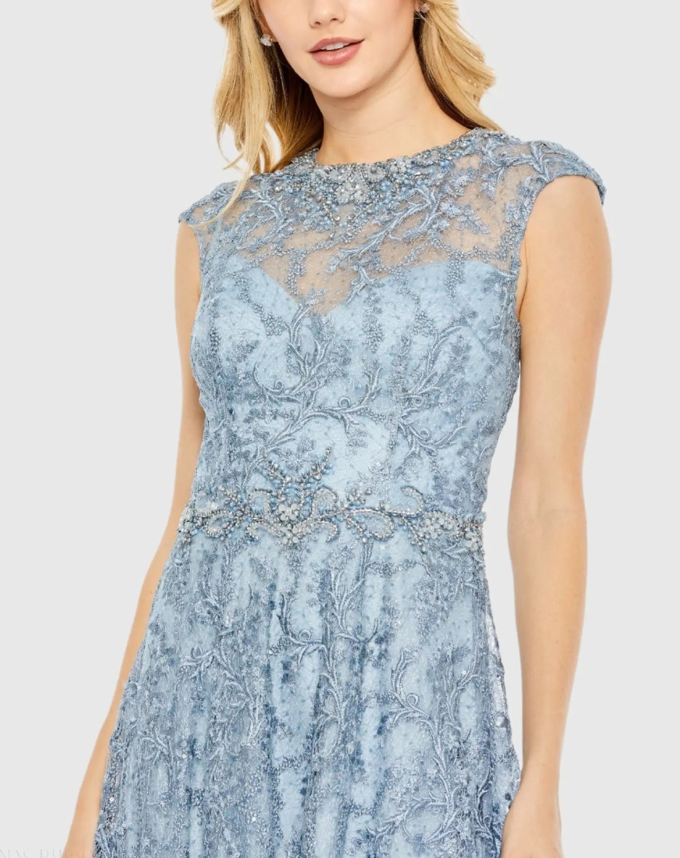 Blue Embroidered Cap Sleeve A Line Gown