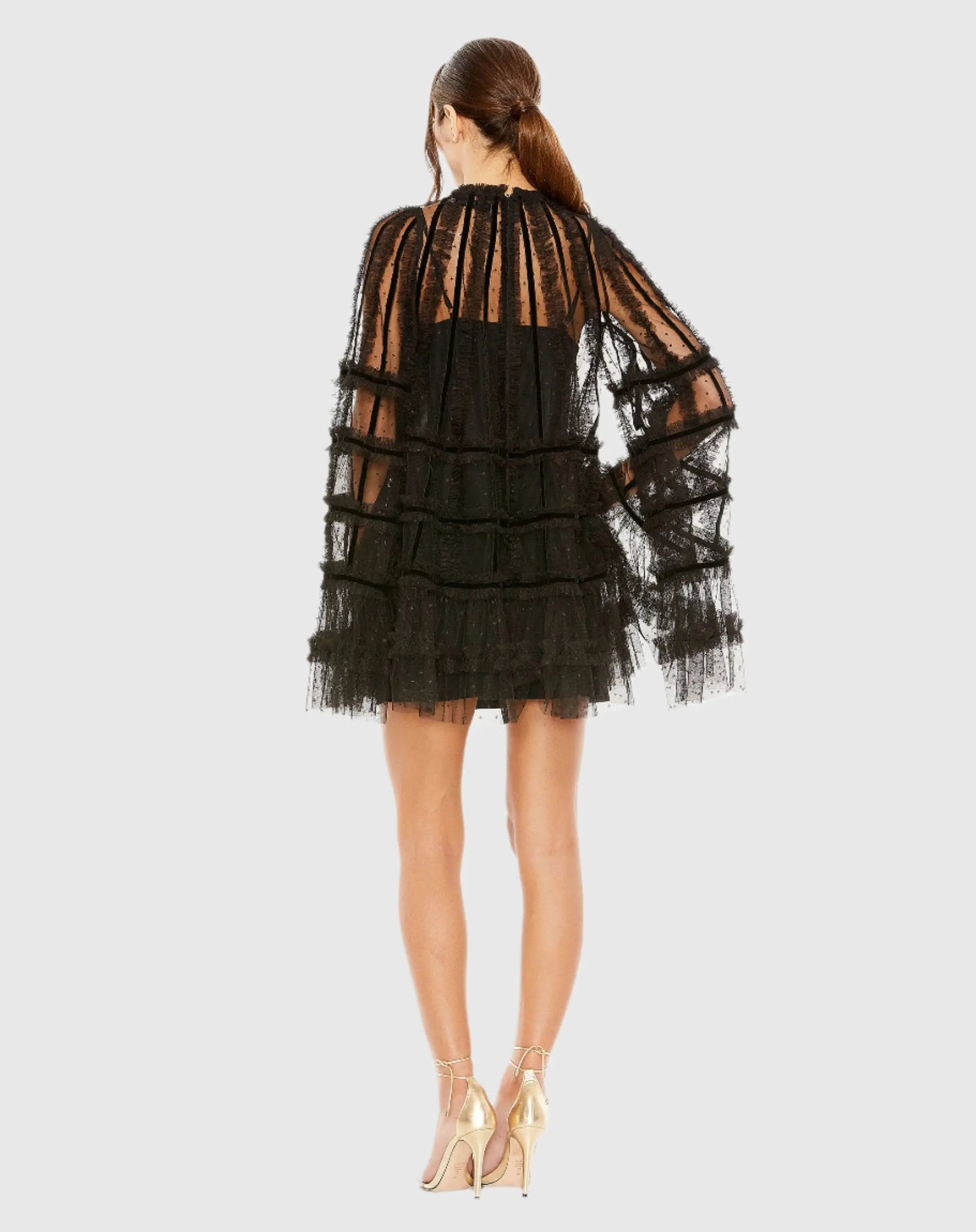 Black High Neck Ruffle Bell Sleeve Trapeze Dress