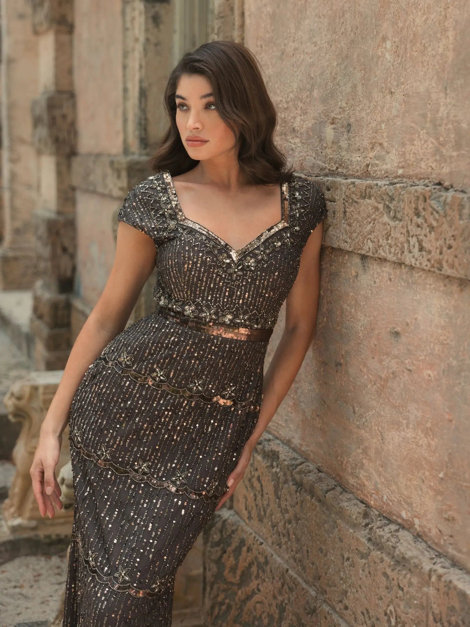 Brown Sequin Cap Sleeve Sweetheart Column Gown