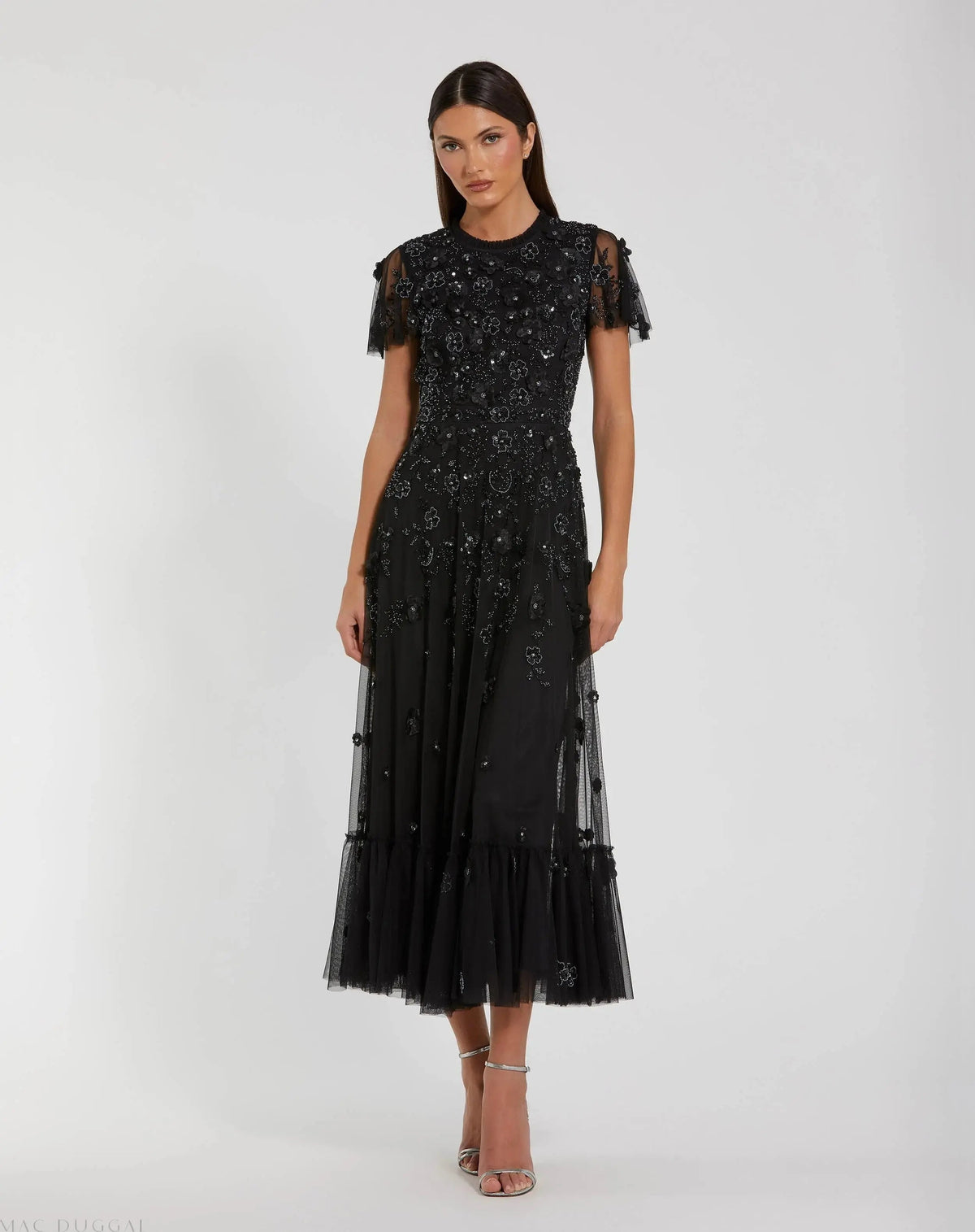 Black Embellished High Neck Flutter Sleeve A Line Dress