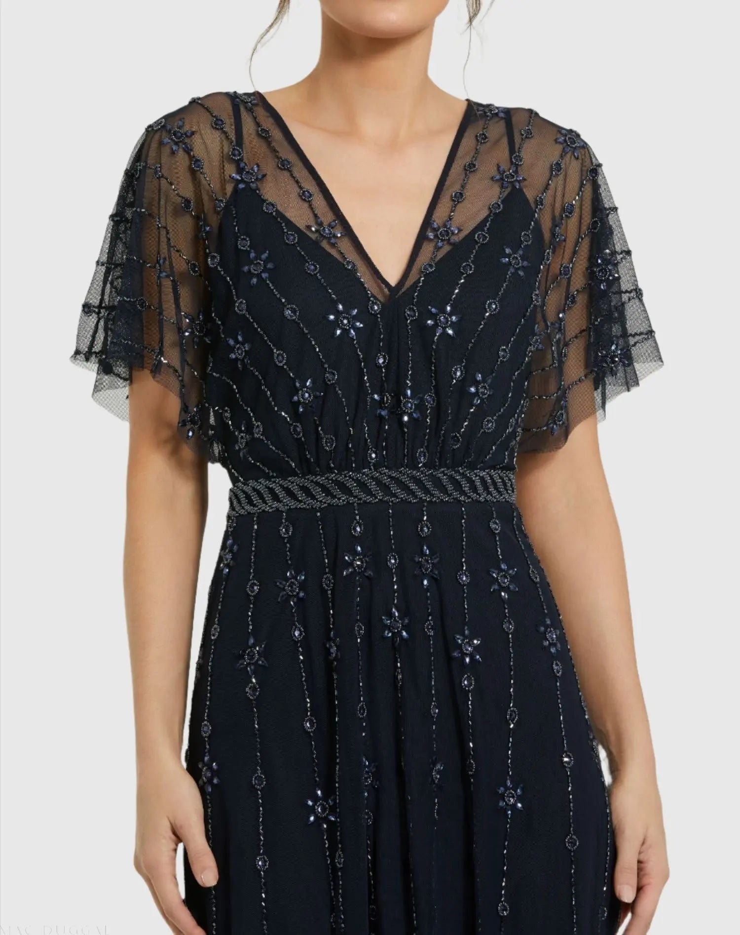 Navy V Neck Embellished Flutter Sleeve A Line Gown