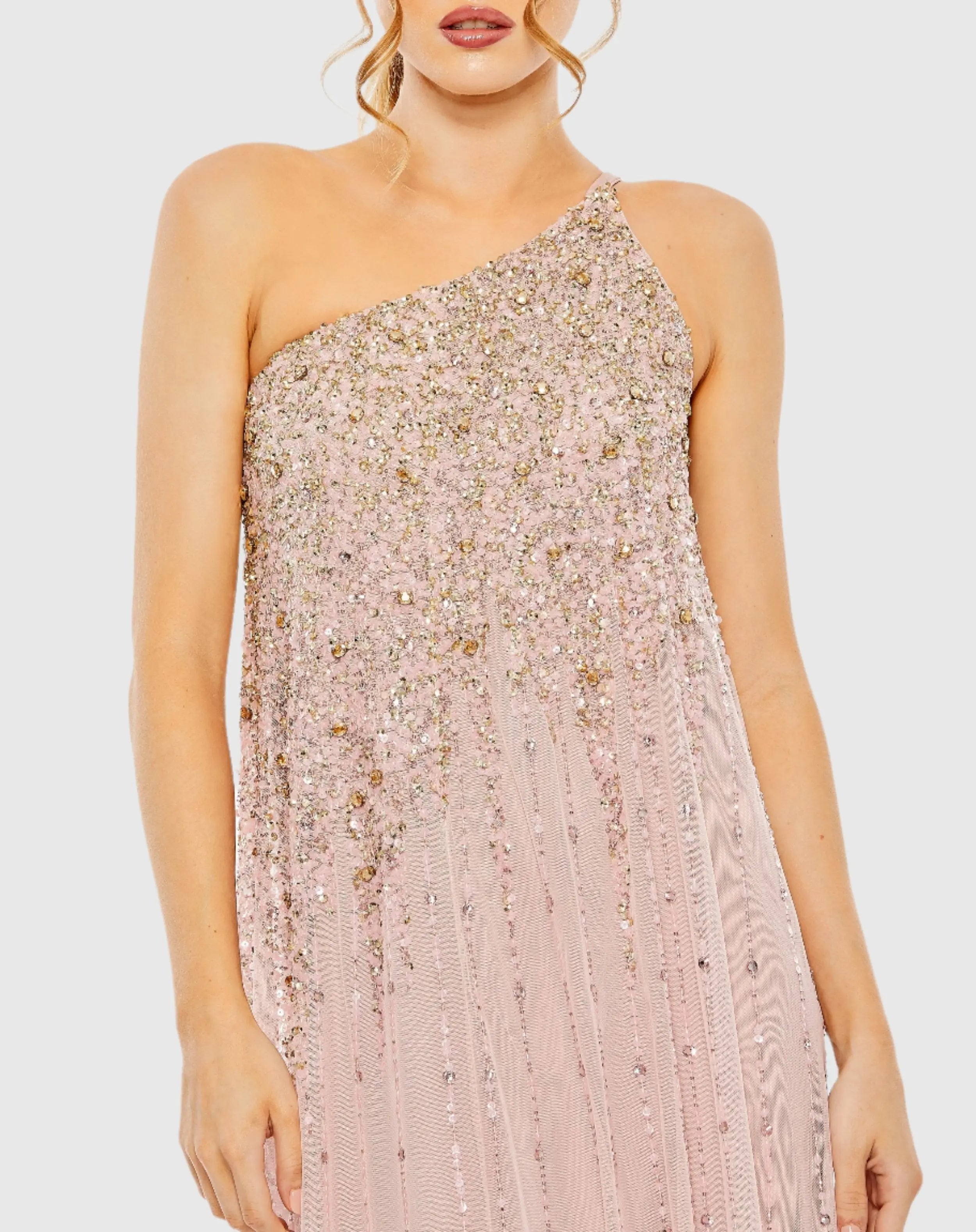 Pink One Shoulder Embellished Evening Gown