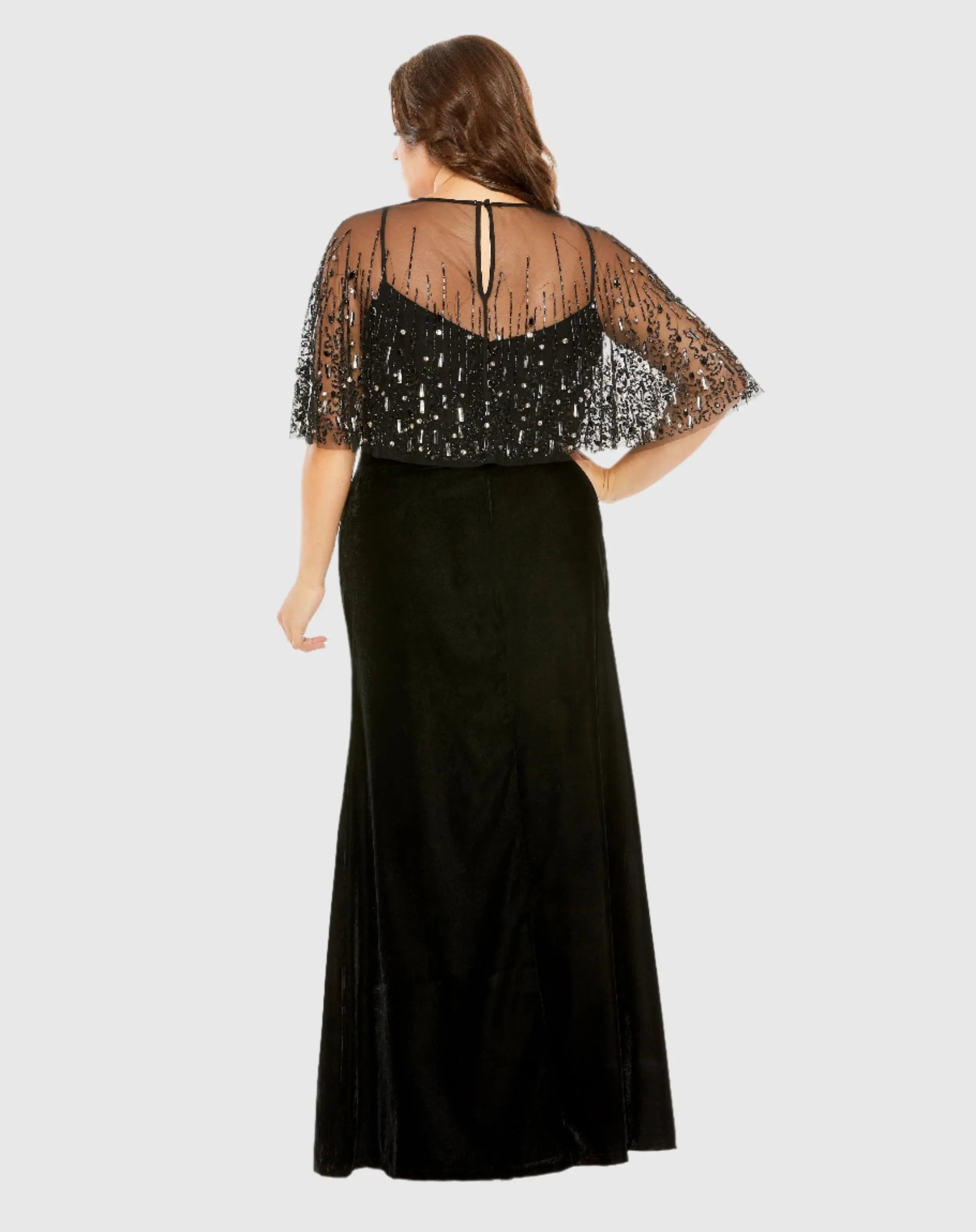 Black Sleeveless Velvet Gown With Embellished Cape (Plus)