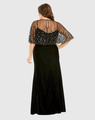 Black Sleeveless Velvet Gown With Embellished Cape (Plus)