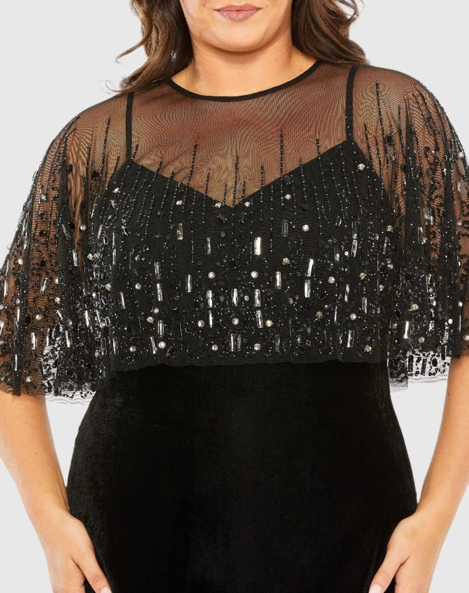 Black Sleeveless Velvet Gown With Embellished Cape (Plus)